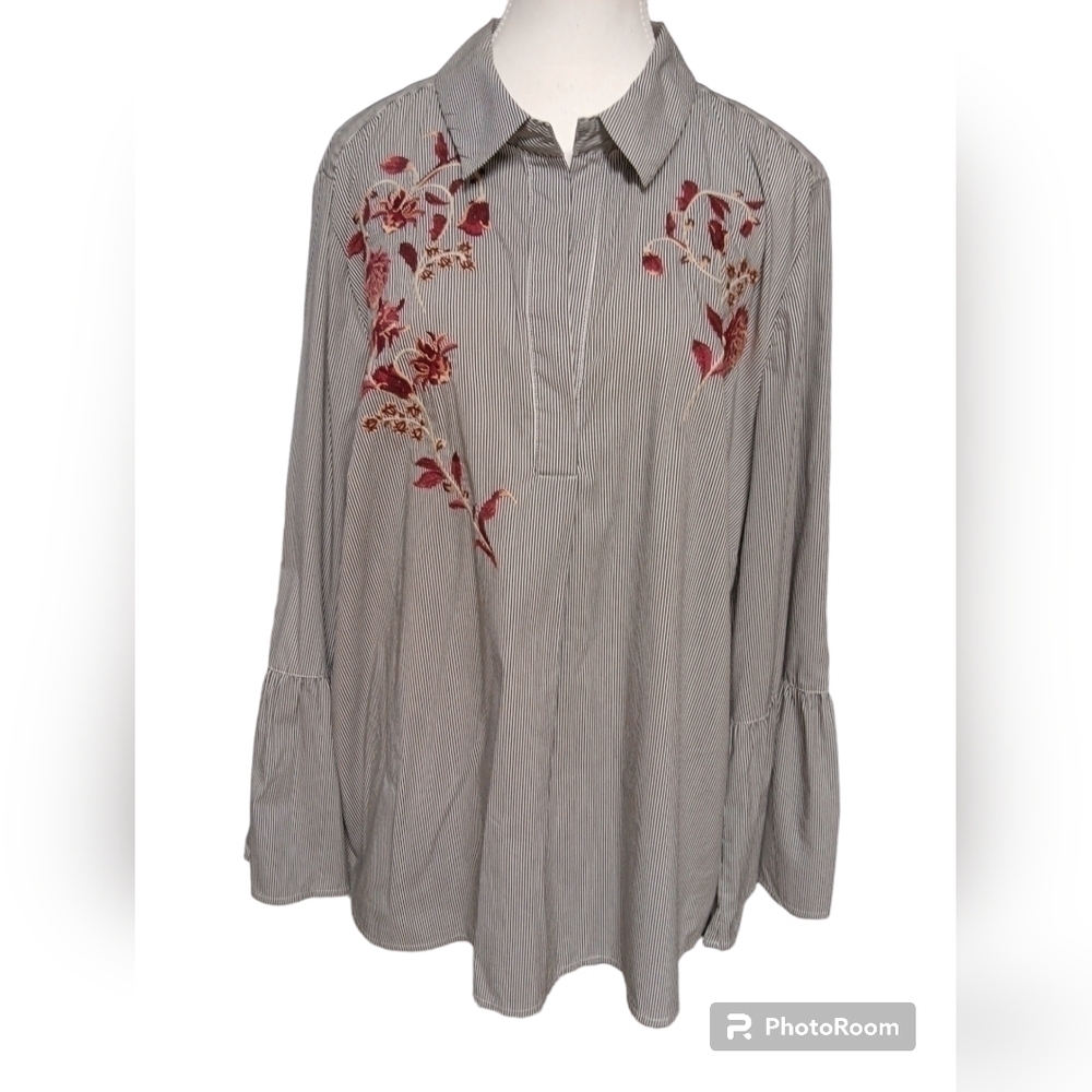 Jasmine & Juliana | Black & White Pinstripe Floral Embroidery Bell Sleeve.